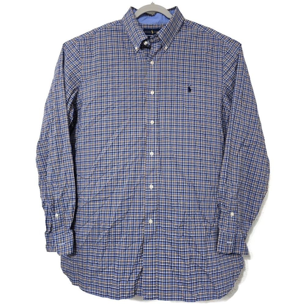 Ralph Lauren Shirt Mens XL Blue Plaid Long Sleeve Button Down Cotton Stretch